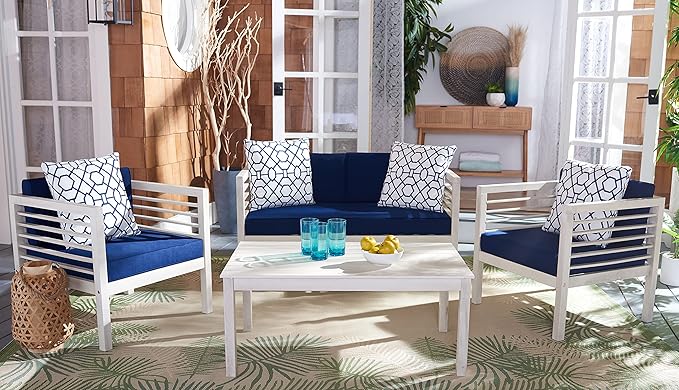 SAFAVIEH Outdoor Collection Alda White/ Navy Cushions/ Geometric Pattern Pillows 4-Piece Conversation Patio Set