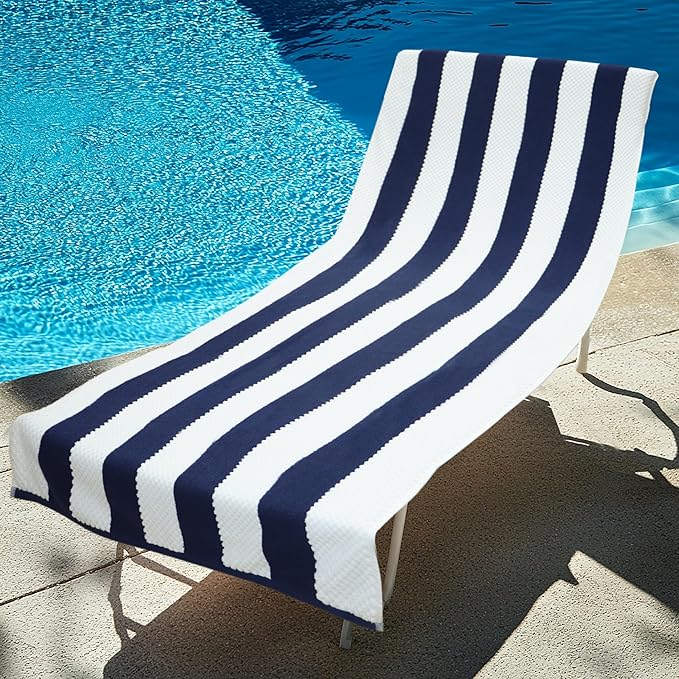 COTTON CRAFT Beach Lounge Chair Cover – 2 Pack Euro Spa Waffle Terry Towel Cabana Stripe Pool Chair Cover - 100% Cotton - 450 GSM Absorbent Quick Dry - Oversized 32 W x 82 L x 7 inch Pocket - Navy