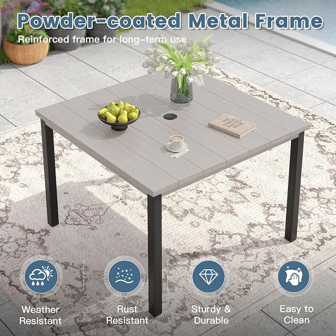 DIFY 5 Pieces Outdoor Dining Set, Metal Patio Table and Chairs Set for 4, 40.2" Square Dining Table with Umbrella Hole & Wicker Swivel Patio Chairs with Cushions, Grey Wood-Like Tabletop