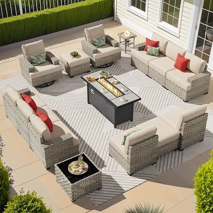 15-Piece Outdoor Sectional Sofa Set w/ 54" Fire Pit – L-Shaped Wicker Patio Furniture, Deep Seating & Swivel Rockers, Beige