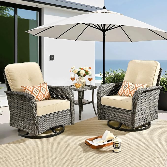 ovios 3-Piece Patio Furniture Set, Outdoor Wicker Sofa with Swivel Chairs, High Back Rattan Gliders Rocker with Comfy Cushions for Porch Yard Deck, Beige