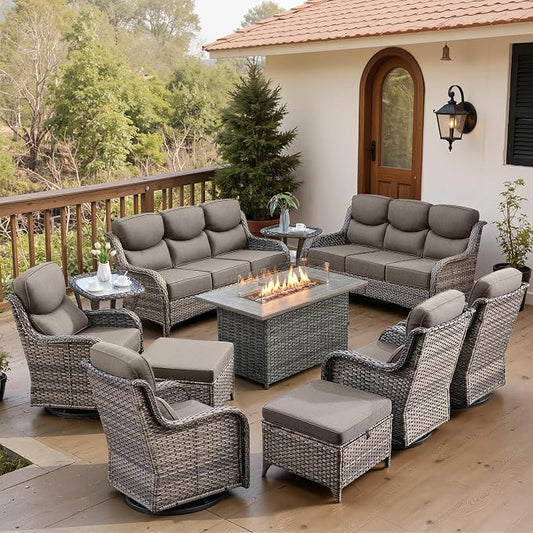 Belord Luxury 6" Thick Cushioned 11 Pieces Patio Furniture Set with Fire Pit Table, Wicker Outdoor Conversation Set with High Back Swivel Rocker Chairs for Deck Porch Yard and Poolside - Grey+Grey