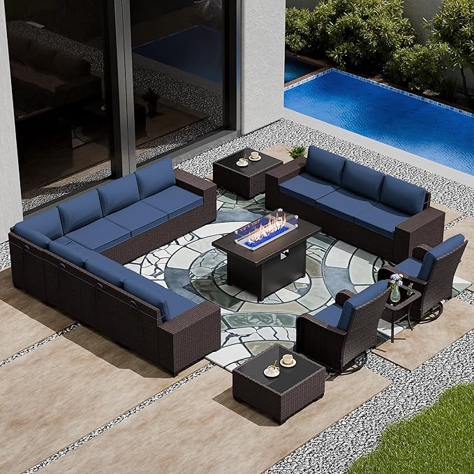 16 PCS Outdoor Patio Furniture Set,Outdoor Sectional Furniture with 45" 55000 BTU Gas Propane Fire Pit Table,PE Rattan Wicker Patio Conversation Set,Swivel Rocking Chairs Set,Navy Blue