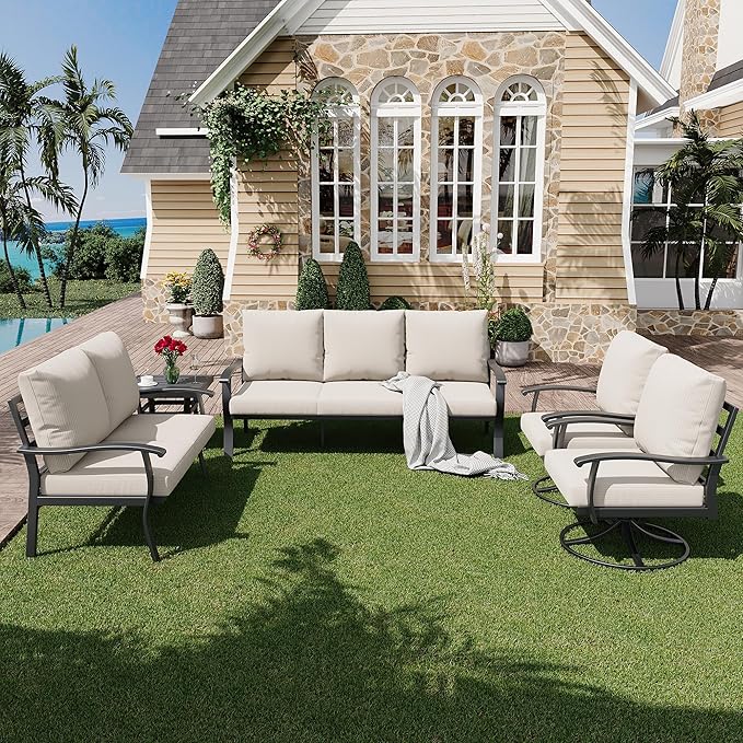 HOMREST Outdoor Furniture Thickened Cushion 360 Degree Swivel Rocking Patio Chairs and 3-Seat Sofa, Loveseat, Coffee Table, 5 PCS Metal Conversation Set for Garden, Deck and Poolside