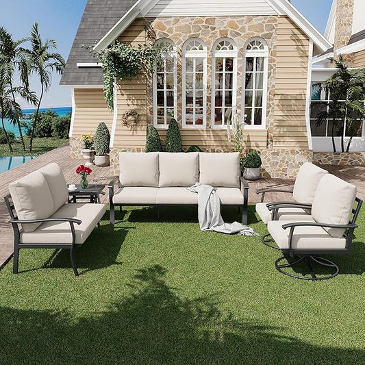 HOMREST Outdoor Furniture Thickened Cushion 360 Degree Swivel Rocking Patio Chairs and 3-Seat Sofa, Loveseat, Coffee Table, 5 PCS Metal Conversation Set for Garden, Deck and Poolside