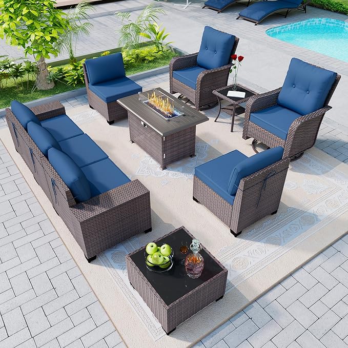 Patio Furniture Set 10 Pieces Outdoor Furniture Patio Conversation Set w/43in 55000 BTU Propane Fire Pit Table,PE Rattan Wicker 10 Pcs Outdoor Sofa Set w/Swivel Rocking Chairs,NavyBlue
