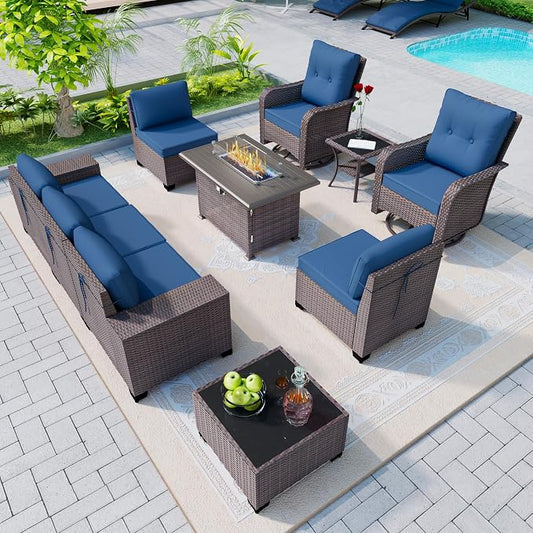 Patio Furniture Set 10 Pieces Outdoor Furniture Patio Conversation Set w/43in 55000 BTU Propane Fire Pit Table,PE Rattan Wicker 10 Pcs Outdoor Sofa Set w/Swivel Rocking Chairs,NavyBlue