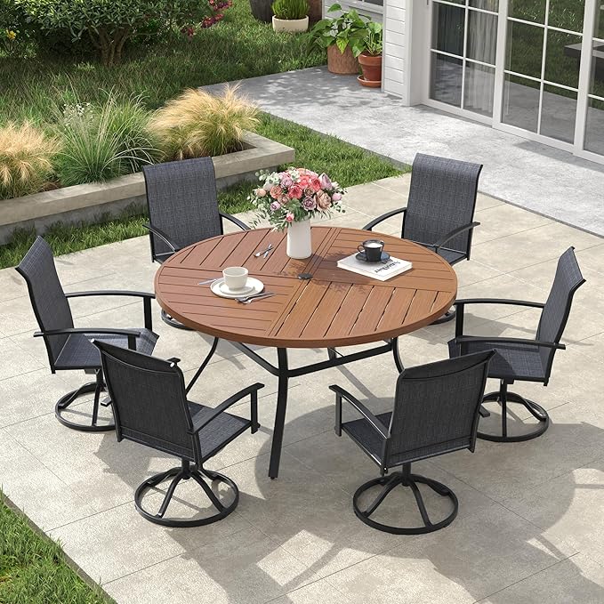 VICLLAX Outdoor Table and Chairs Set for 6, Patio Dining Set of 50 Metal Round Patio Table with Umbrella Hole & 6 Swivel Outdoor Dining Chairs for Backyard Lawn, Charcoal & Walnut