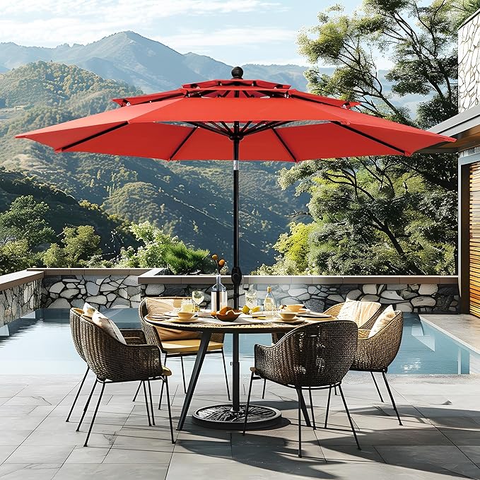Sophia & William 10ft 3 Tier Auto-tilt Patio Umbrella,Wind Resistent,Outdoor Patio Umbrellas Double Vented Umbrella with Crank for Pool Garden Backyard, Red