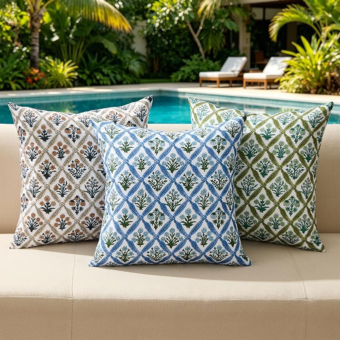 Allorry Floral Outdoor Pillow Covers 20x20 Blue Outdoor Waterproof Decor | Set of 2 Vintage Floral Block Print Pillow Cover,Farmhouse Boho Decorative for Spring Summer Outdoor Sofa Bedroom Decor