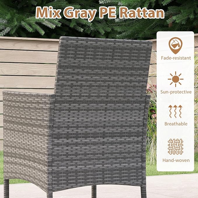 Tangkula 5 Pieces PE Wicker Patio Dining Set, Outdoor Acacia Wood Table and Chairs with Cushions and 1.97" Umbrella Hole, for Deck, Garden and Backyard (Black)