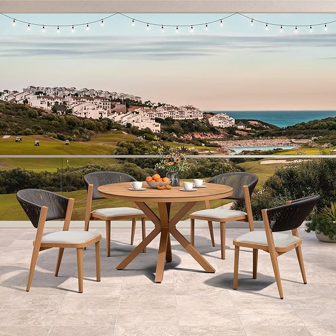 PURPLE LEAF 5 Pieces Oversized Round Dining Set Aluminum Frame and Wicker Rattan Patio Table and Chairs with Cushions for Garden Deck Outdoor Teak