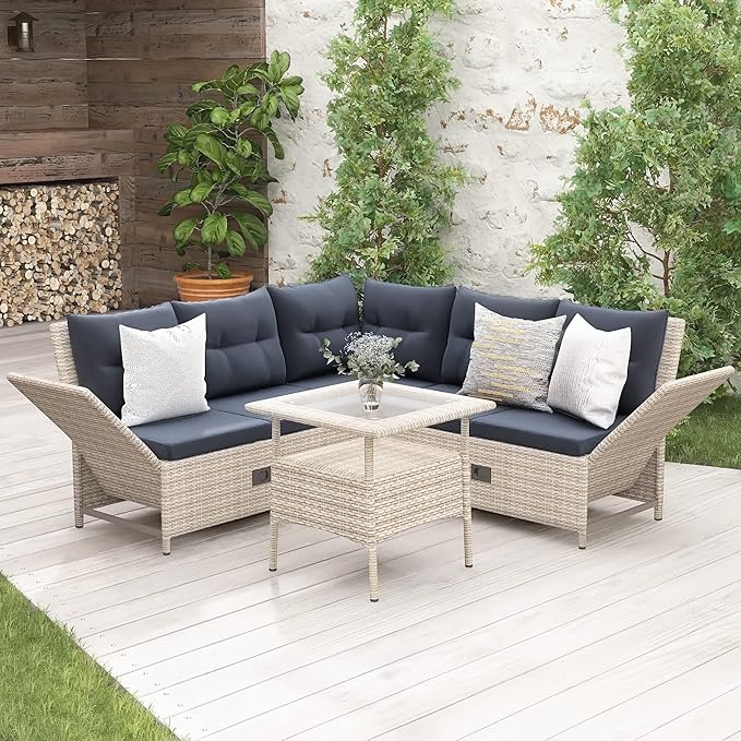 LUMISOL Outdoor Patio Furniture Set, 4 Piece Wicker Sectional Sofa Set, All Weather Patio Conversation Set with Tempered Glass Table for Backyard, Poolside, Gray
