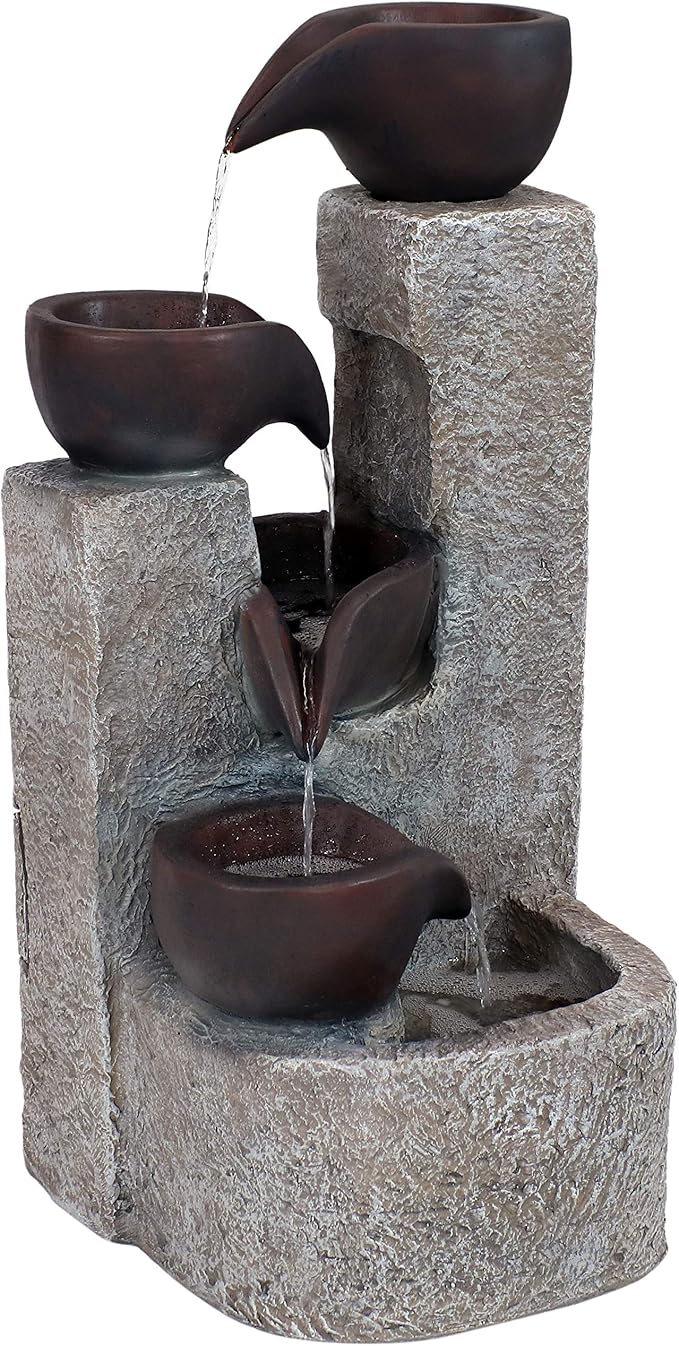 Sunnydaze Aged Tiered Vessels 29-Inch Solar Fountain with Battery Backup - Submersible Pump - Polyresin