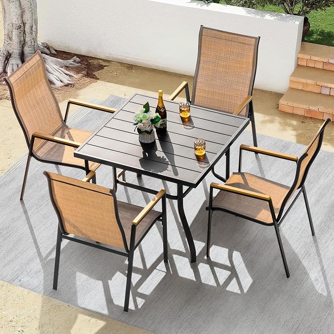 NUU GARDEN 5 Piece Outdoor Patio Dining Set for 4, Slatted Table with Umbrella Hole and 4 Stackable Textilene Chairs with Faux Wood Armrests, Black and Khaki
