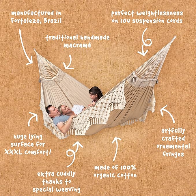 LA SIESTA® - XL King Bossanova Brazilian Hammock - Luxurious Comfort, Organic Cotton Handmade in Brazil - Boho Hammock, Macrame Hammock - Extra-Wide Indoor Hammock Bed for Relaxation - Muscade