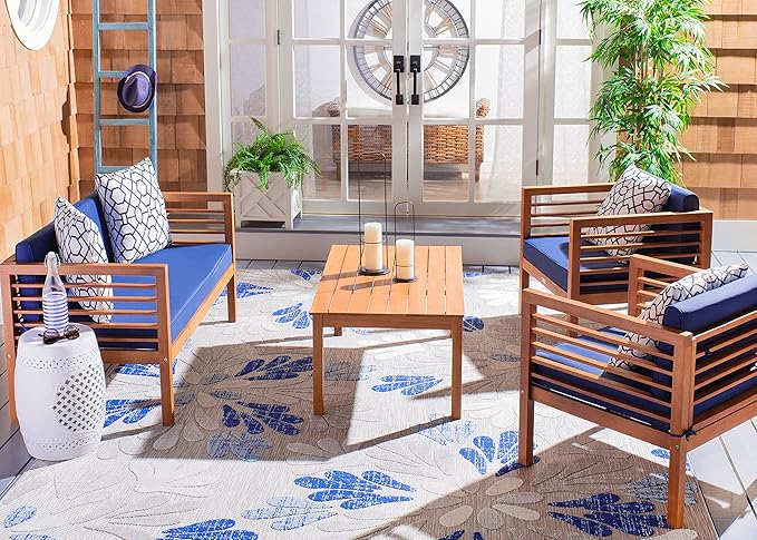 SAFAVIEH Outdoor Collection Alda Natural/ Navy Cushions/ Geometric Pattern Pillows 4-Piece Conversation Patio Set