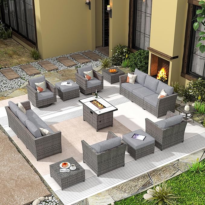 16 Pieces Patio Furniture Conversation Set with 42" Fire Pit Table Rocking Chair Outdoor Sectional Gray Wicker Sofa Set