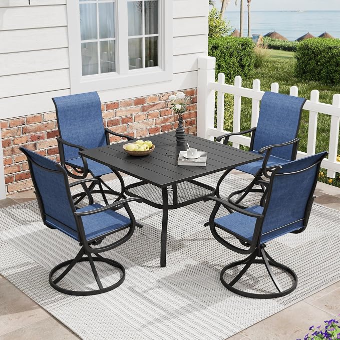 5 Pieces Patio Furniture Dining Set, 4 Textilene Swivel Dining Chairs, 38" Outdoor Square Metal Table with Storage Shelf and 1.57" Umbrella Hole, Outdoor Dining Set for Porch, Lawn, Black/Blue