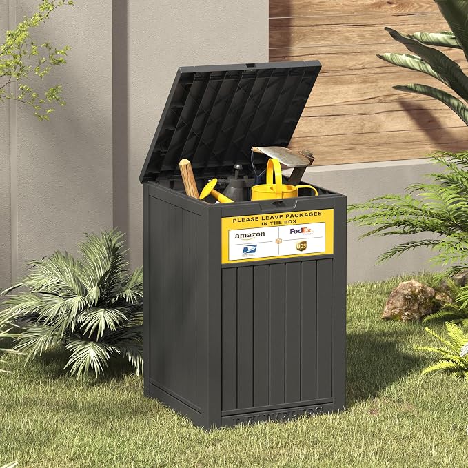 LHBGO Package Delivery Box for Outside with Sign, 48 Gallon Storage with Lockable Secure, Large Double Wall Resin Outdoor Package Delivery Waterproof