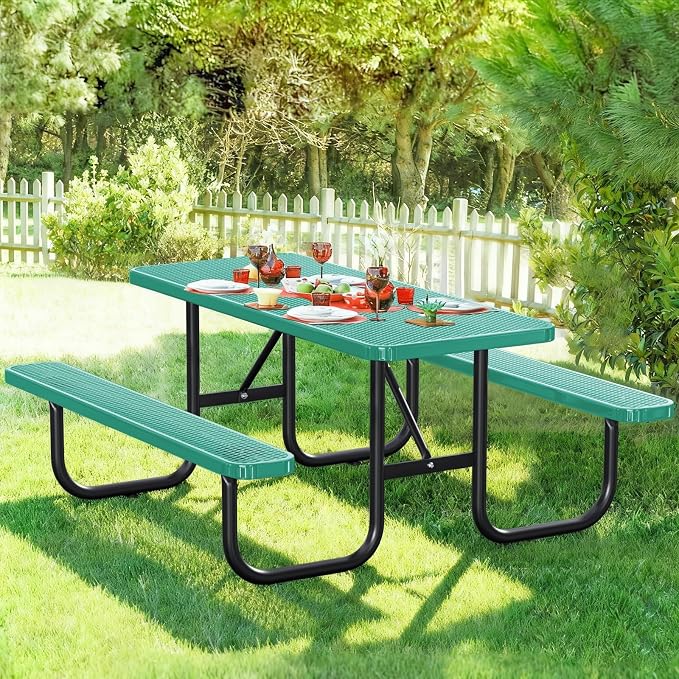 6FT Rectangular Outdoor Picnic Table with Attached Benches, Heavy-Duty Expanded Metal Mesh Patio Table, Commercial-Grade Outdoor Seating for Park, Backyard, Deck, Lawn, Green