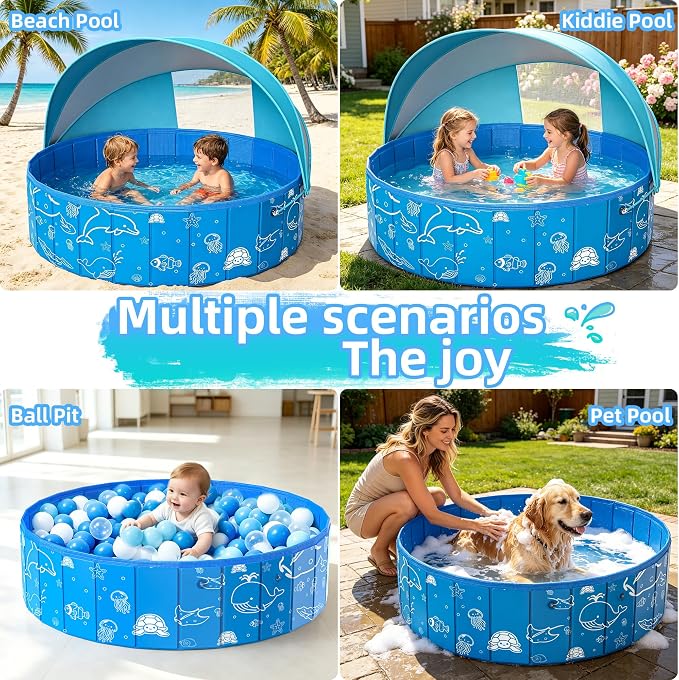 Kiddie Pool with Canopy, 48" Foldable Kids Baby Pool for Toddlers, Portable Small Swimming Pool Hard Plastic with Shade & Carry Bag for Beach Backyard Water Play