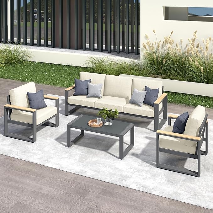 RoyalCraft Aluminum Patio Furniture, 5-Seats Metal Outdoor Furniture Set with Coffee Table, Modern Patio Sofa Sets Outdoor Conversation Set for Pool Garden Porch Backyard, Beige