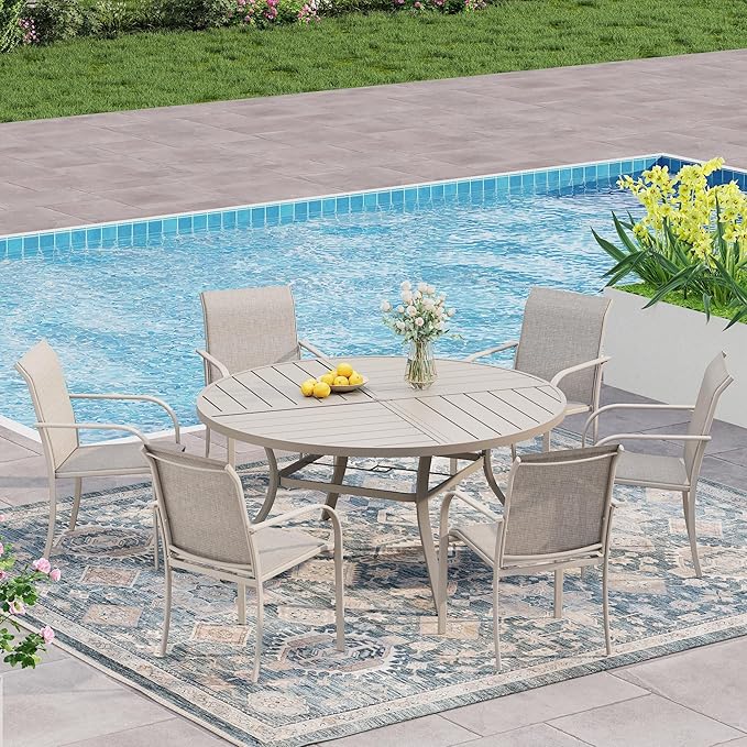 VICLLAX 7 Pieces Patio Outdoor Dining Set, 50" Round Metal Table with Umbrella Hole and 6 Stackable Textilene Chairs for Patio, Lawn, Garden, Porch, Sandshell