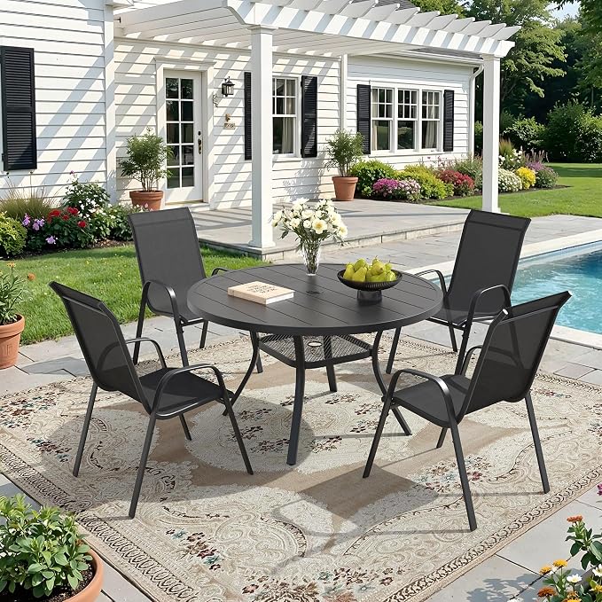 DIFY 5 Piece Outdoor Dining Set, 40" Black Round Metal Patio Table and Dark Grey Textilene Stackable Chairs for 4, All Weather Patio Furniture Set with Umbrella Hole for Backyard Garden Deck