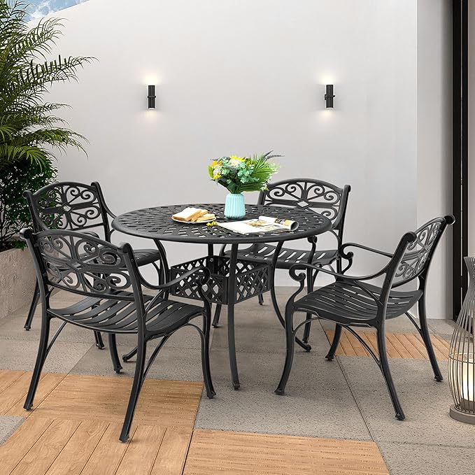 NUU GARDEN 5 Pieces Outdoor Patio Dining Set, 42" Round Cast Aluminum Dining Table with 2.24" Umbrella Hole and All-Weather 4 Outdoor Patio Dining Chairs for Patio, Garden, Backyard, Balcony, Bronze