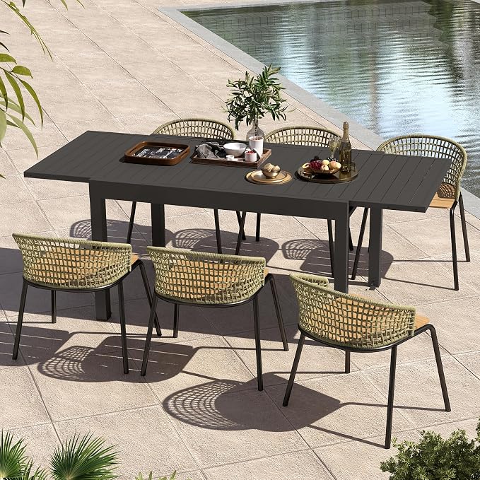 All Aluminum Expandable Patio Dining Table for 6-8 People, Extendable Outdoor Dining Room Table, All Weather Patio Furniture, Rectangular Metal Table with Adjustable Width 59"- 89", Dark Brown