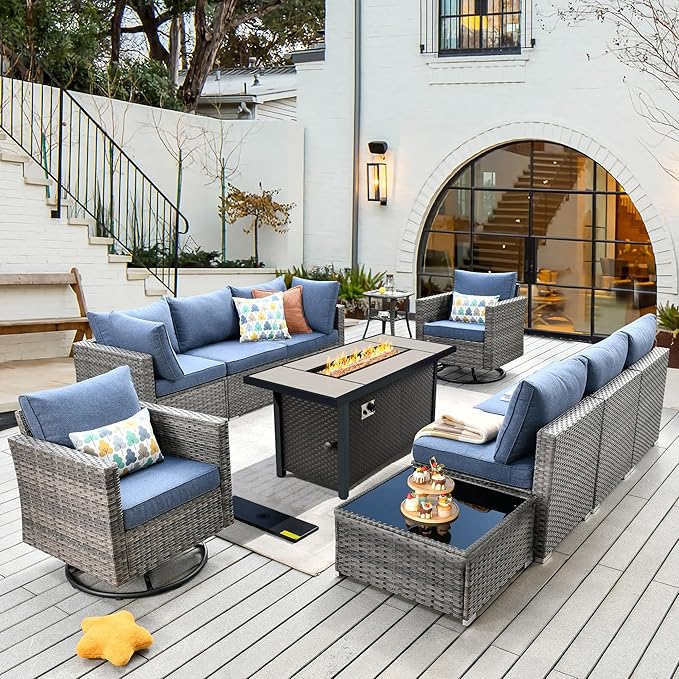 11 Piece Outdoor Patio Furniture Set with 53" Fire Pit Table, Wicker Sectional Conversation Set Whit Swivel Chairs,Modern Outside Sofa for Balcony Backyard(Blue)