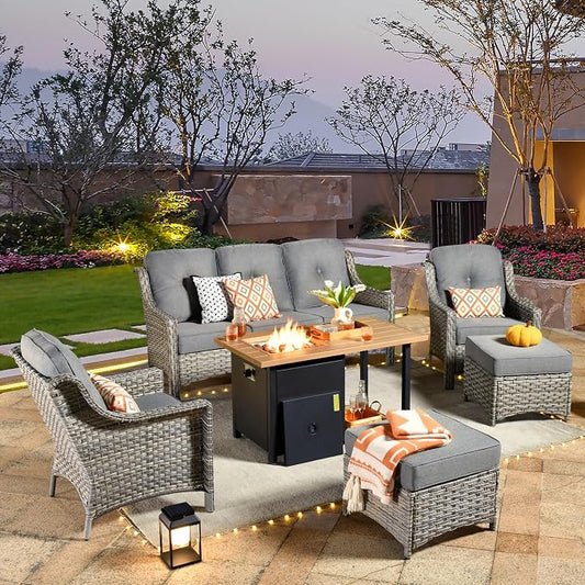 HOOOWOOO 6 Piece Patio Furniture Sets with Fire Pit Table,Outdoor Wicker Furniture Set,All Weather Resistant Outside High Back Rattan Conversation Set for Out Door(Dark Grey Gray)