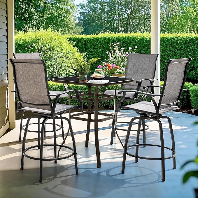 NUU GARDEN 5 PCS Patio Bar Set,Glass Square Table andSwivel Stools