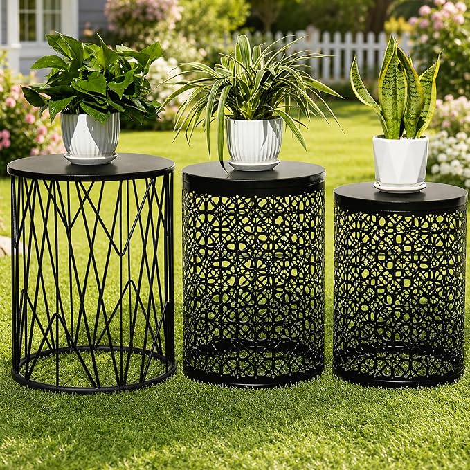 HFHOME Set of 3 Heavy-Duty Round End Table, Side Table, Coffee Table for Indoor Multifunctional Use, Outdoor Decorative Garden Stool Plant Stand-Black