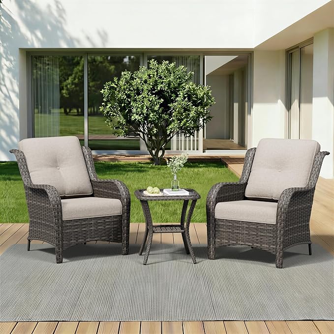 3 Pieces Outdoor Wicker Patio Furniture Set - Patio Chairs Set with Thickened Olefin Cushions, High Back and Deep Seating, Curved Armrest, PE Rattan for Porch, Deck, Balcony,Beige