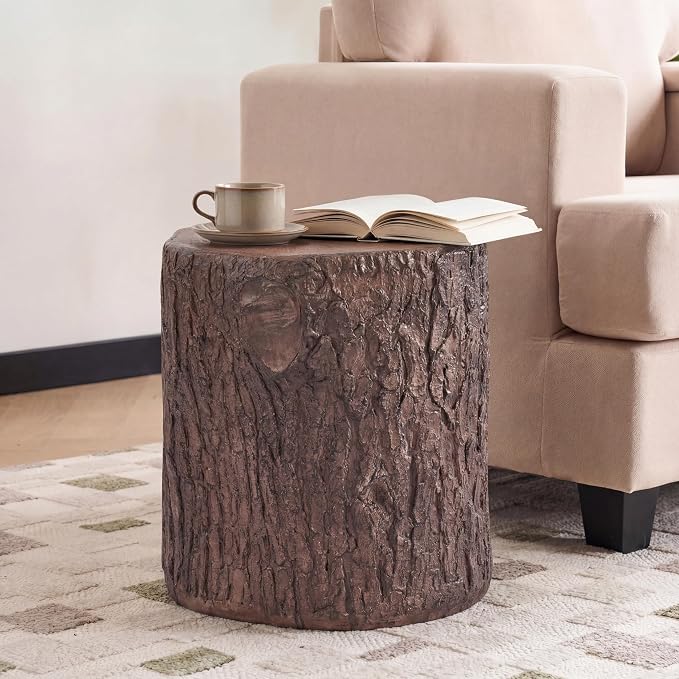 Christopher Knight Home Lomlyn Outdoor Tree Stump Side Table, Lightweight Concrete End Table, Accent Table with Natural Wood Form, Decorative Small Coffee Desk for Living Room Patio Balcony, Brown
