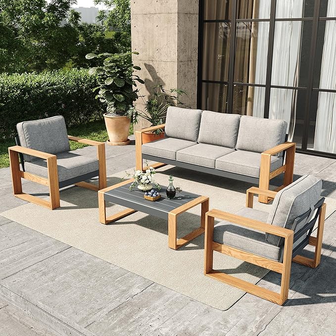 4 Pieces Aluminum Patio Furniture Set, Outdoor Conversation Sets with High Backrest Sofa and Coffee Table for Garden and Backyard