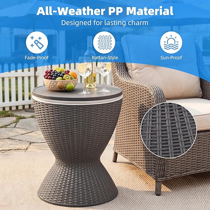 COSTWAY Outdoor Cool Bar Table, 8 Gallon Beer and Wine Cooler, Height Adjustable Rattan Style Cocktail Patio Bar Tables, 3-in-1 Ice Cooler with Drainage Plug for Deck, Pool, Party, Beach (Gray)