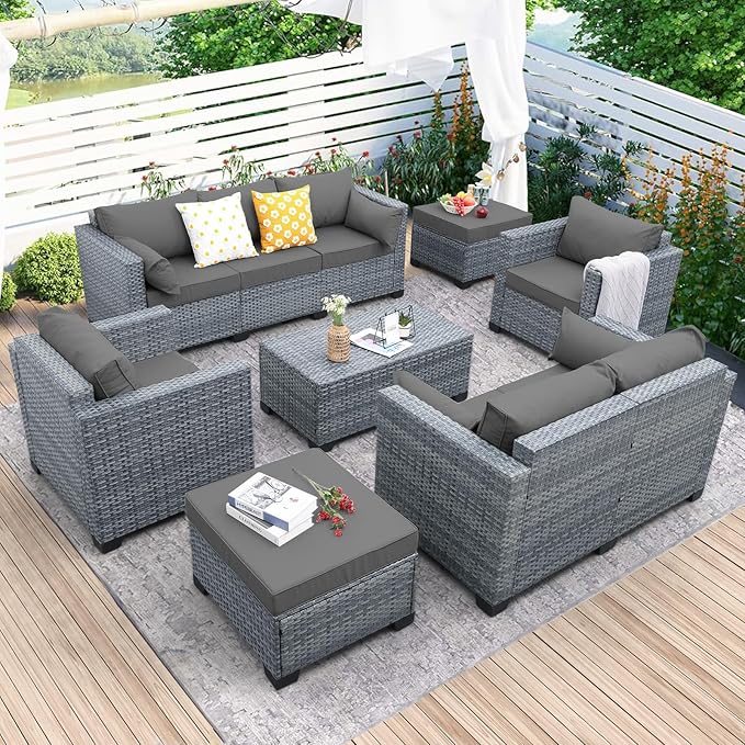 7 Piece Wicker Patio Furniture Sets Outdoor Conversation Set, PE Rattan Sectional Sofa Couch with Storage Table and Non-Slip Grey Cushions, Furniture Covers Included