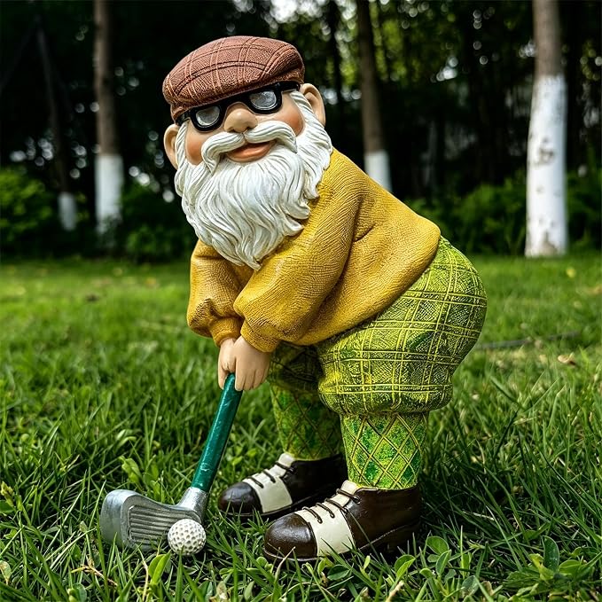 Garden Golfing Gnome Statue Decorative,Adorable Flower Bed Decor Gnome Sculpture for Patio Lawn