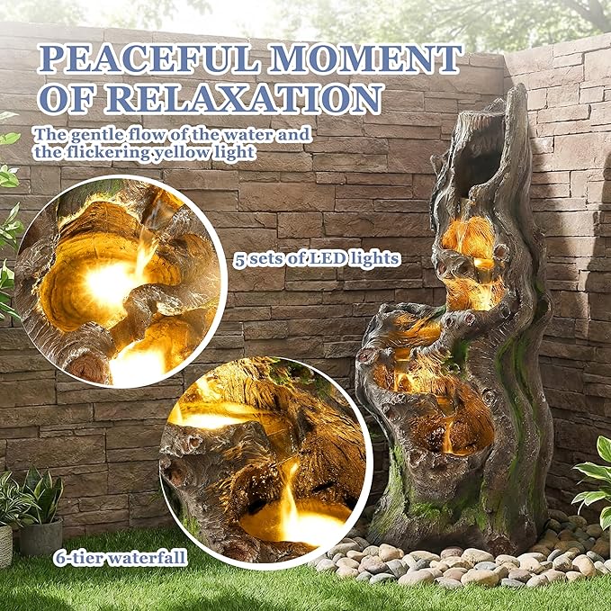 Grepatio Outdoor 6-Tiers Water Fountain, Cascading Water Fountain for Outside with 5 LED Lights, 40" H Large Outdoor Fountains with Waterfall for Garden, Yard, Deck Decor with Natural Tree Trunk Look
