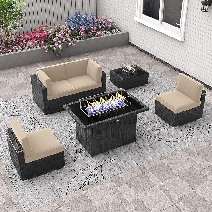 6 Pieces Patio Furniture Set with 44" Propane Gas Fire Pit Table, Outdoor Sectional Wicker Conversation Sofa Sets with Coffee Table