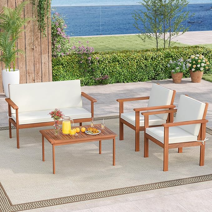 Tangkula 4 Pieces Acacia Wood Patio Conversation Set, Outdoor Wooden Cushioned Chairs & Slatted Coffee Table Set,for Backyard, Porch, Balcony, Poolside and Lawn (Off White,1)