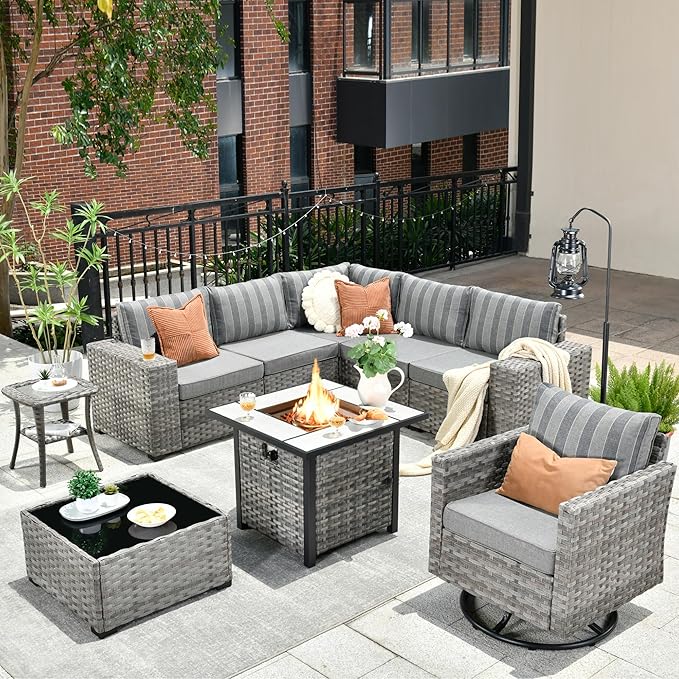 HOOOWOOO Outdoor Patio Sectional Furniture Sofa Set with Propane Gas Fire Pit Table,9 Piece Modern Wicker Couch with Swivel Chair,Modular L Shaped Conversation Seating Set with Wide Arm(Grey Strips)