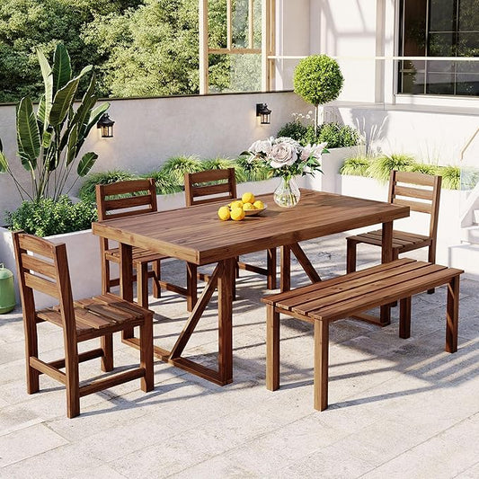LUMISOL 6 Piece Patio Conversation Furniture Set, 6-Piece Outdoor Table Set with 4 Chairs and 1 Bench for 6 Persons, Acacia Wood Outdoor Table and Chair Set for Patio Balcony Backyard, Brown