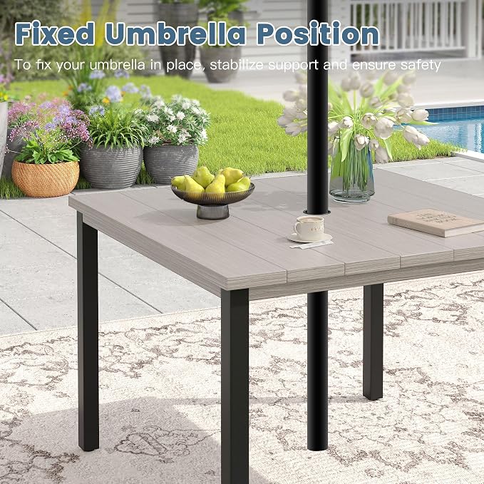DIFY 5 Pieces Outdoor Patio Dining Set for 4, 40.2" Grey Wood-Like Square Metal Dining Table and 4 Sandshell Stackable Textilene Patio Chairs, Outdoor Table and Chairs for Backyard Garden Poolside