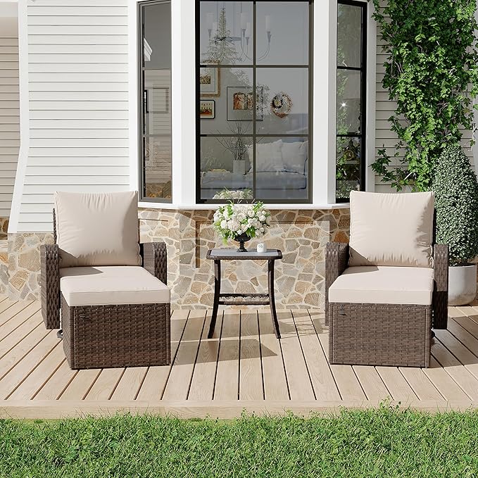 HOMREST 5 Piece Outdoor Patio Furniture Set-Wicker Swivel Chairs Set of 2 with 2 Ottoman, Coffee Table & Cushions Small Patio Furniture Set for Garden, Balcony (Khaki)