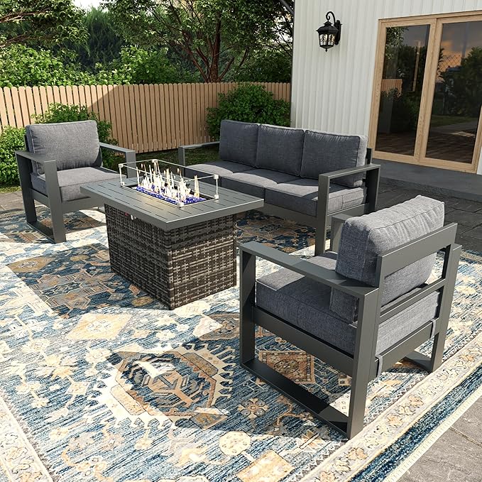 4 Piece Modern Aluminum Patio Furniture Set with Fire Pit Table, Outdoor Patio Sectional Conversation Metal Seating Sets with Olefin Cushion
