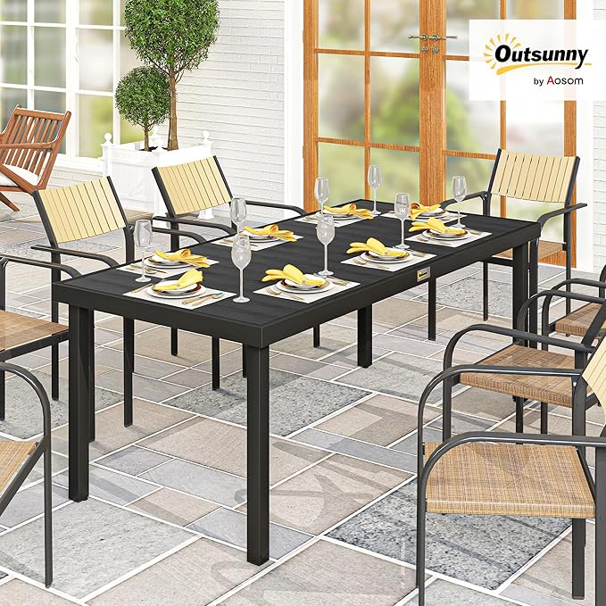 Outsunny 75" x 35" Outdoor Dining Table for 8 People, Rectangular Aluminum Frame Garden Table with All-Weather Faux Wood Top for Lawn, Patio, Black